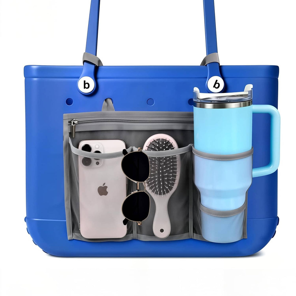 Grey mesh organizer insert pouch with divider panels and cup-holder