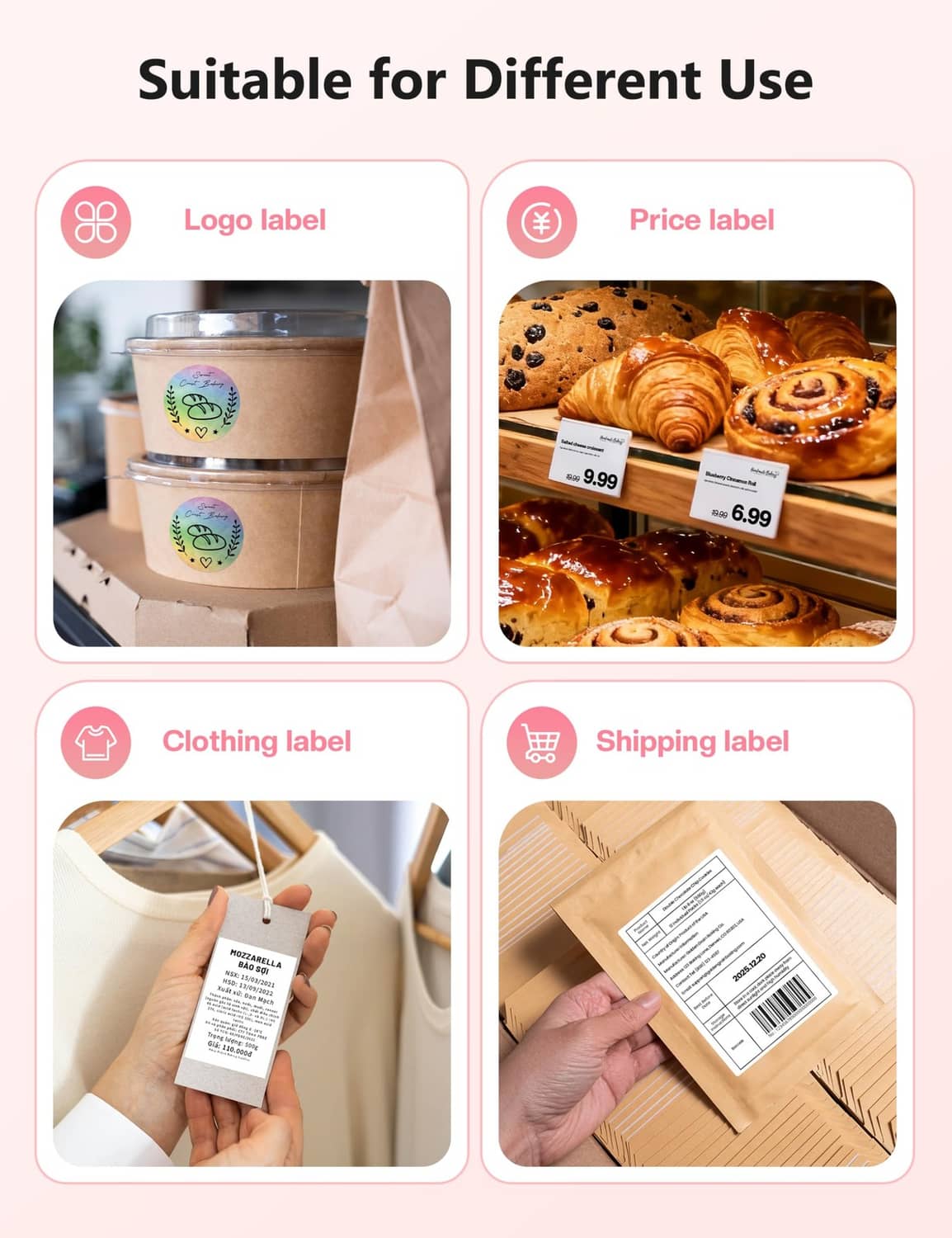 Pink and white Bluetooth thermal label printer for shipping, clothing, and logo labels