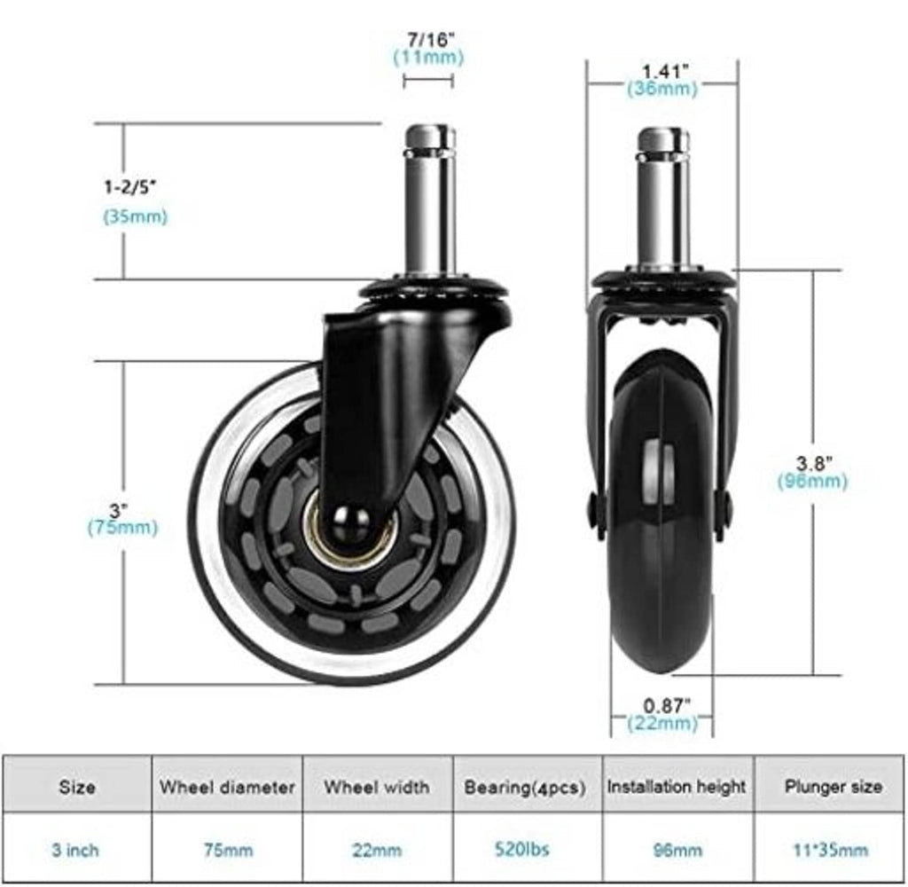 Caster wheel assembly with mounting plunger and size dimension diagram