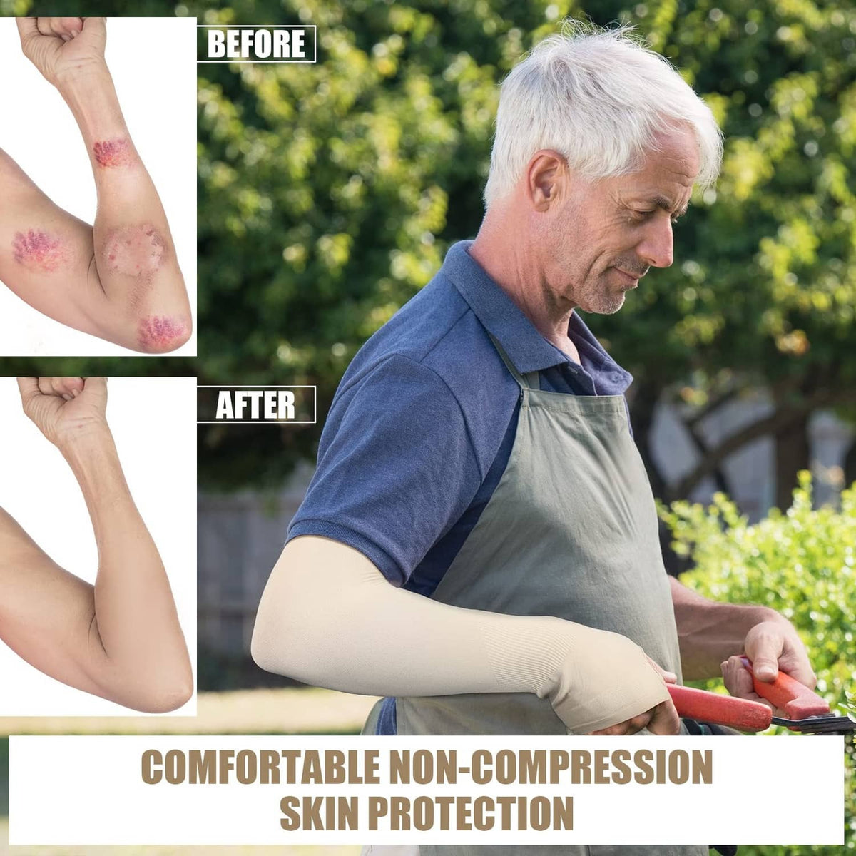 Beige protective arm sleeve covering forearm with visible bruise protection area