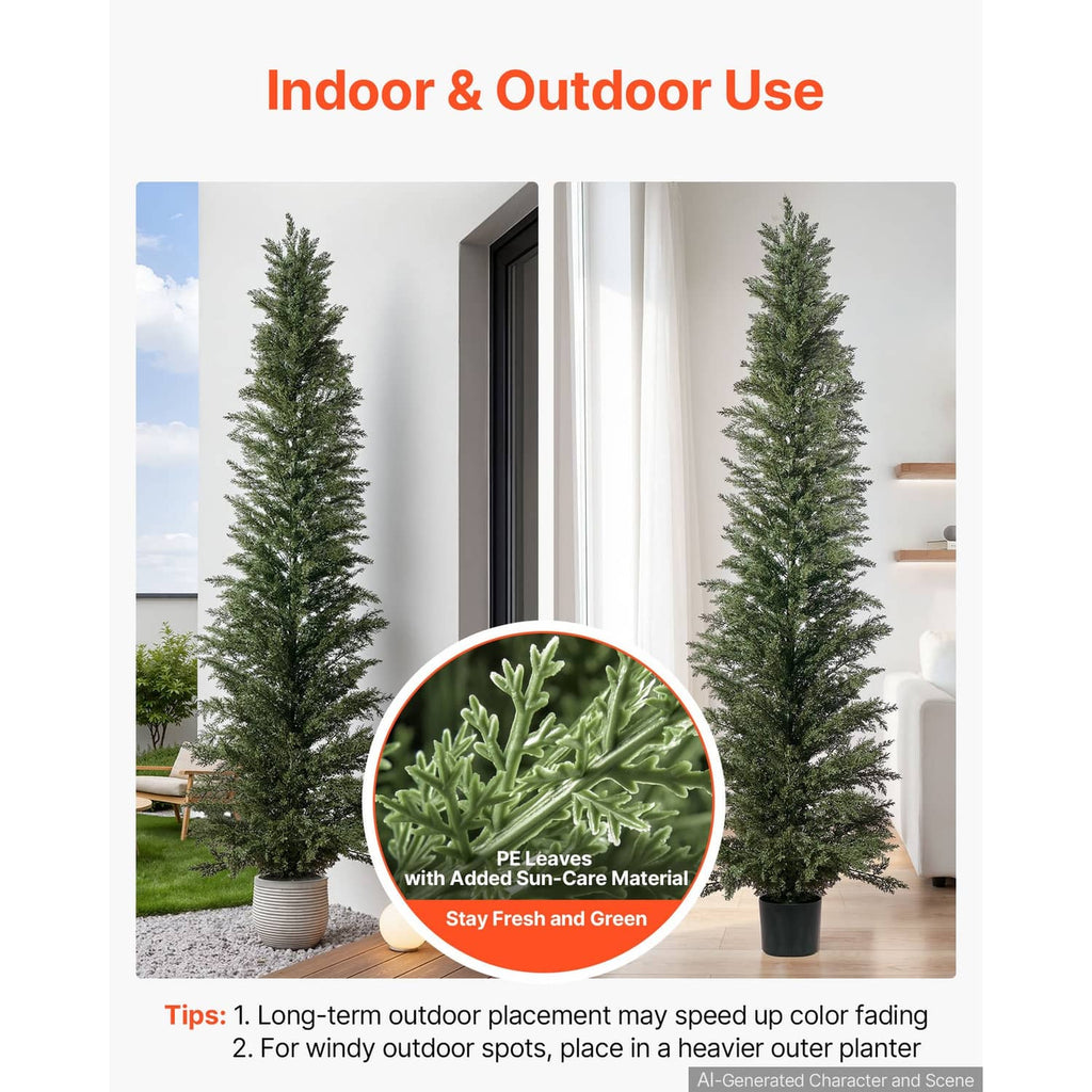 Artificial cedar topiary tree with dense green leaves in a dark pot