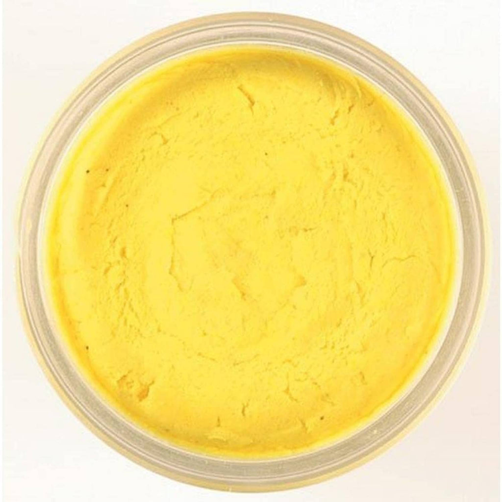 Yellow moldable floating fishing bait disk in clear round container