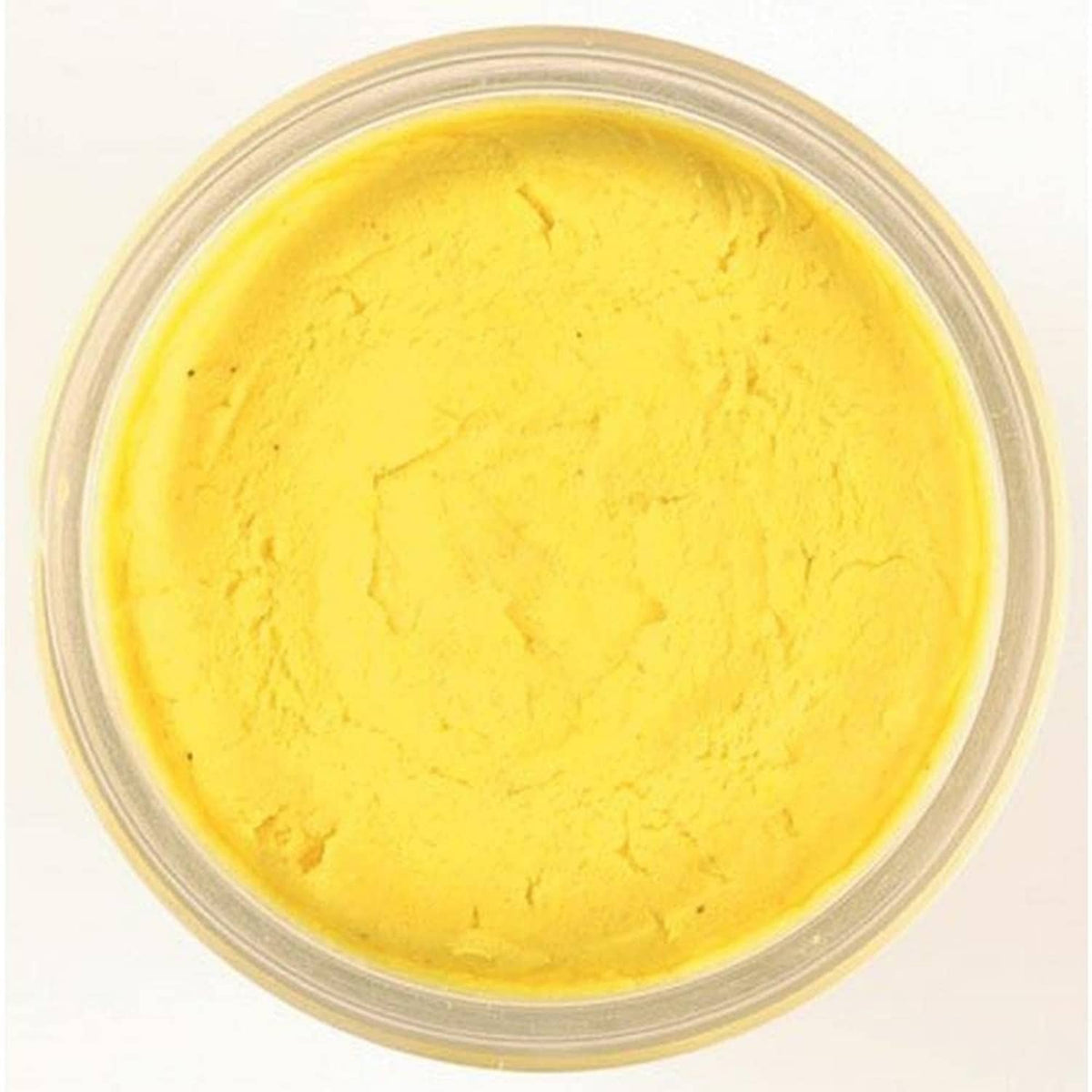 Yellow moldable floating fishing bait disk in clear round container