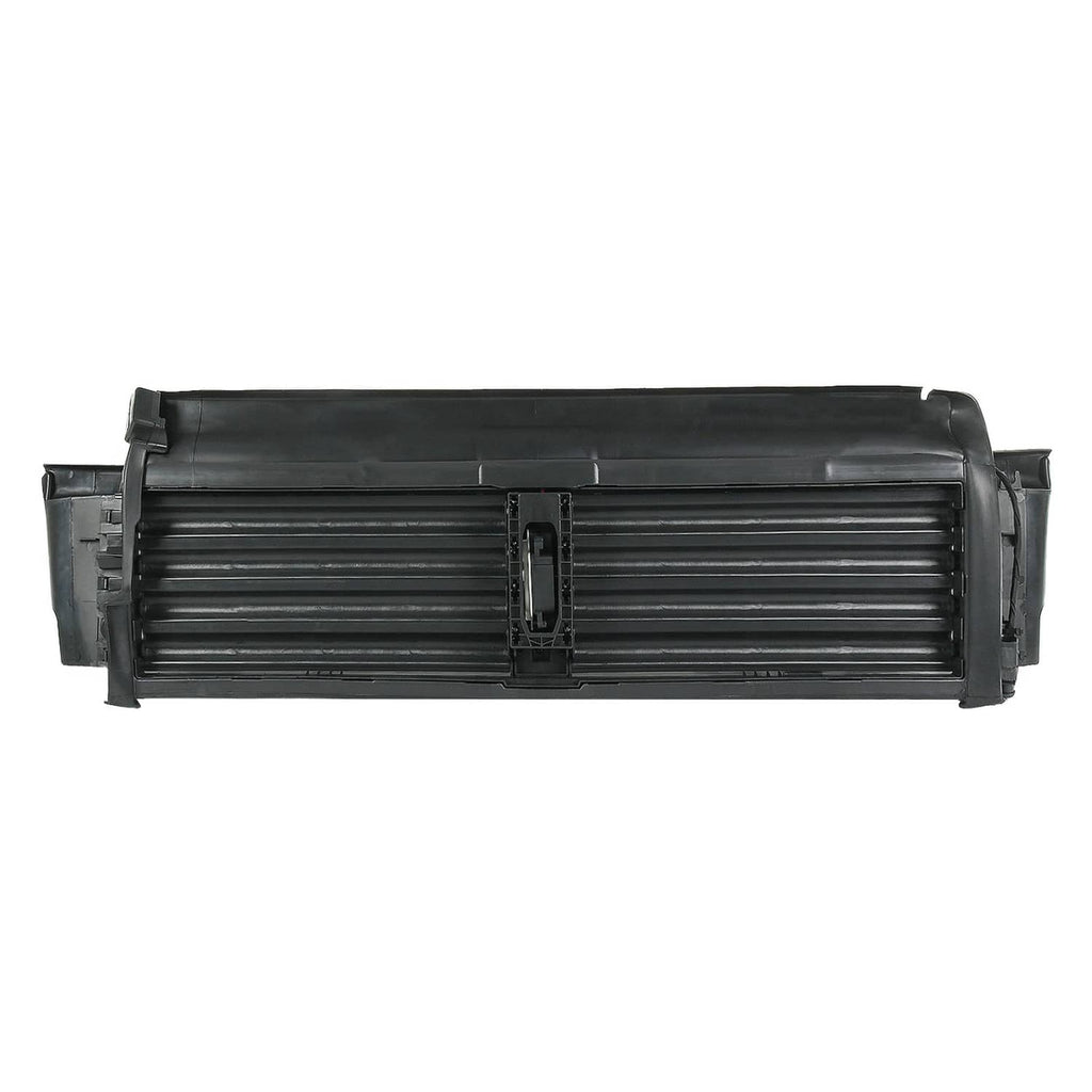 Black active grille shutter assembly with horizontal slats and central actuator