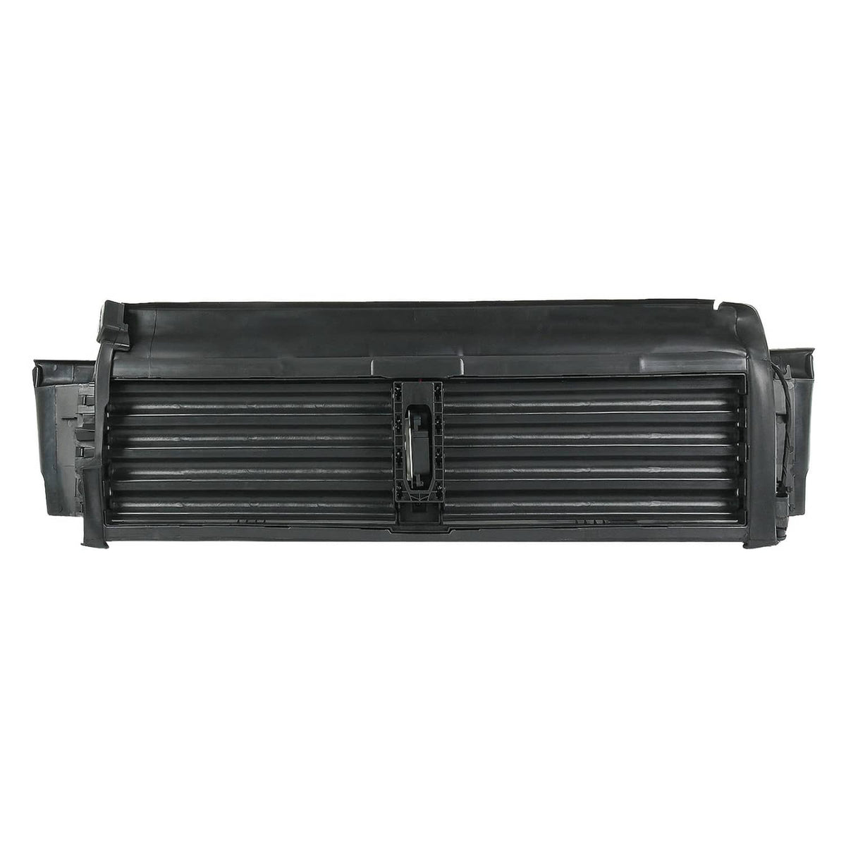 Black active grille shutter assembly with horizontal slats and central actuator