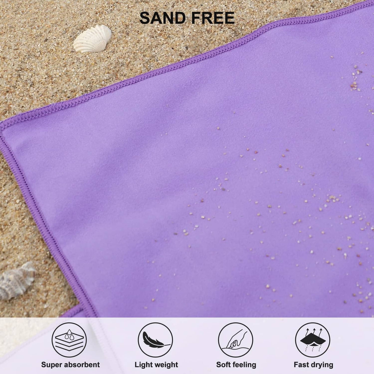 Violet microfiber towel edge with tight stitching and sand-free, soft-touch finish