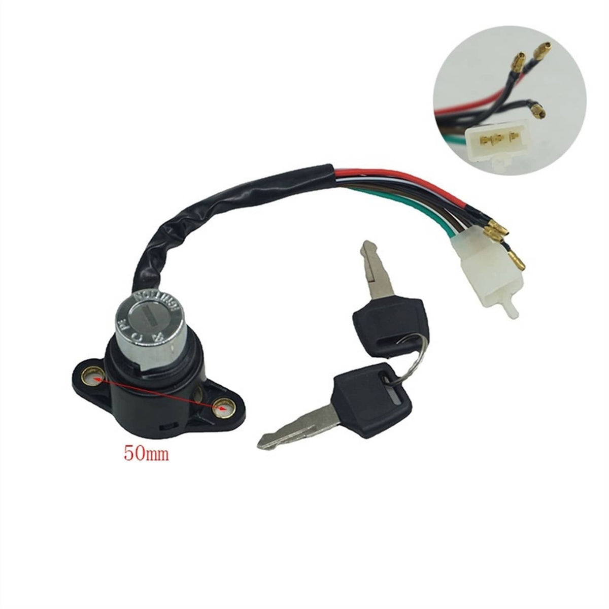 Ignition switch with wiring harness, two keys, and fuel/seat lock parts