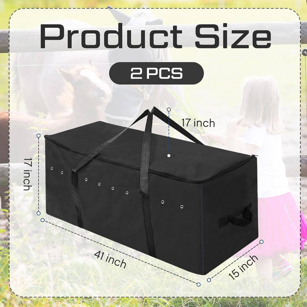 2-pack large black hay storage bags, zippered tops, sturdy handles, vent hole panels