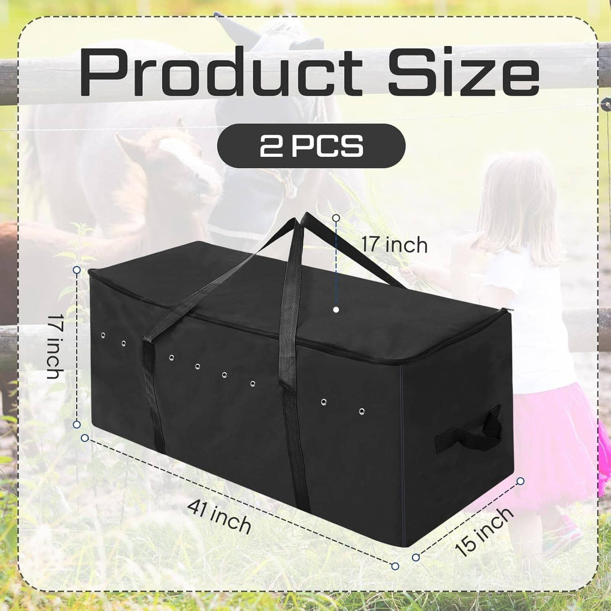 2-pack large black hay storage bags, zippered tops, sturdy handles, vent hole panels