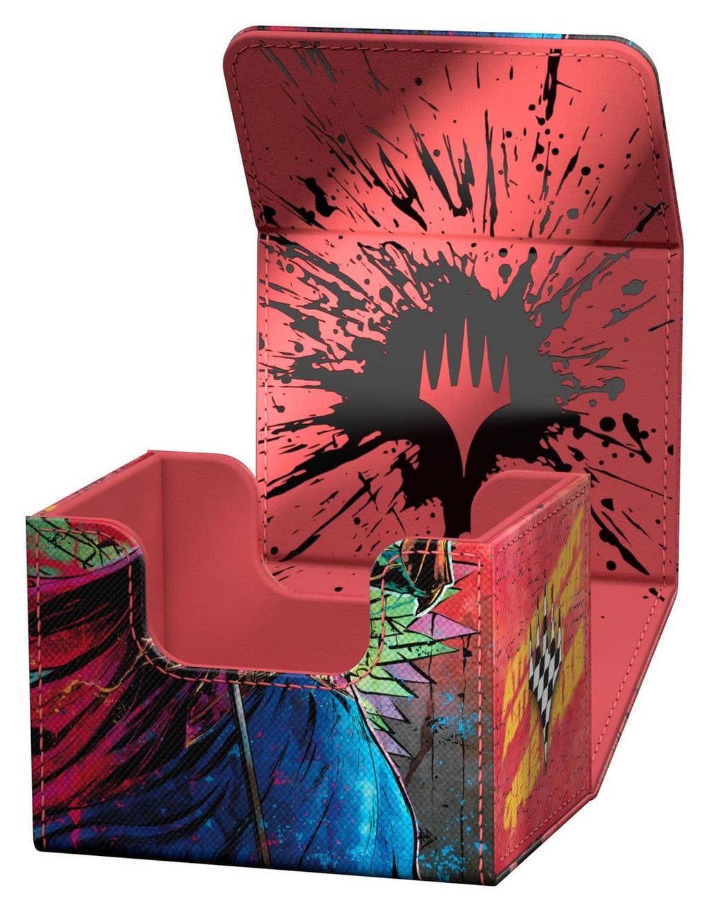 Ultimate Guard Sidewinder deck box open, red interior with black burst graphic
