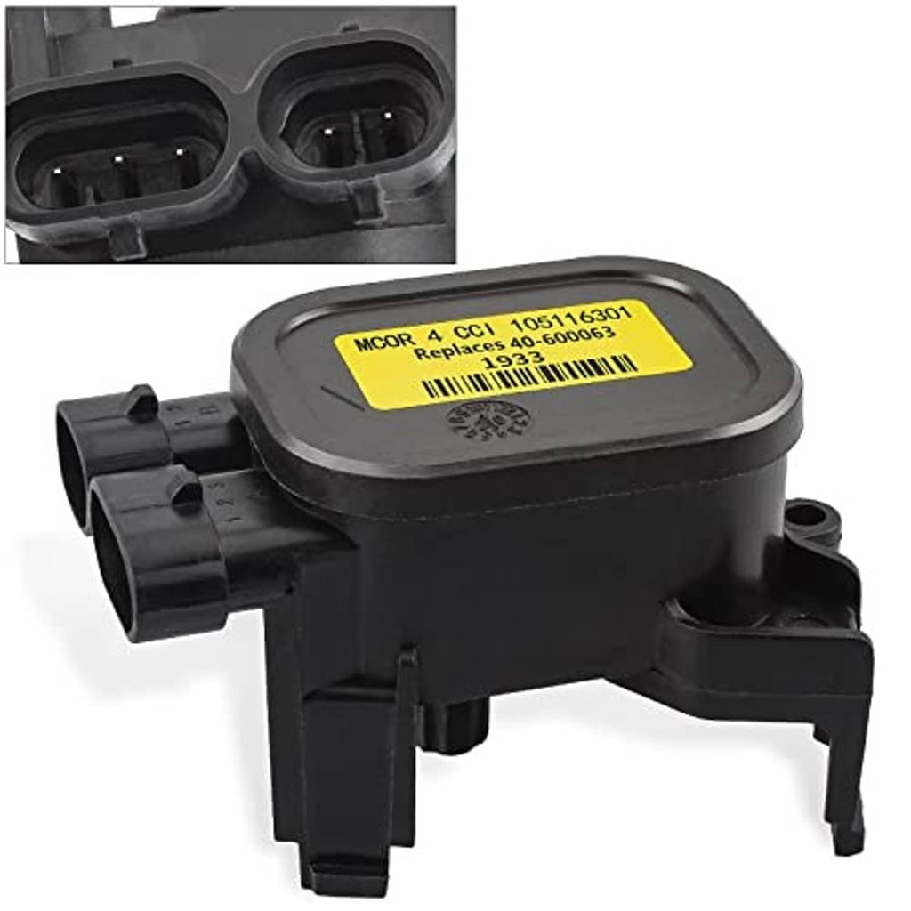 Black throttle potentiometer with yellow label and two cable connectors