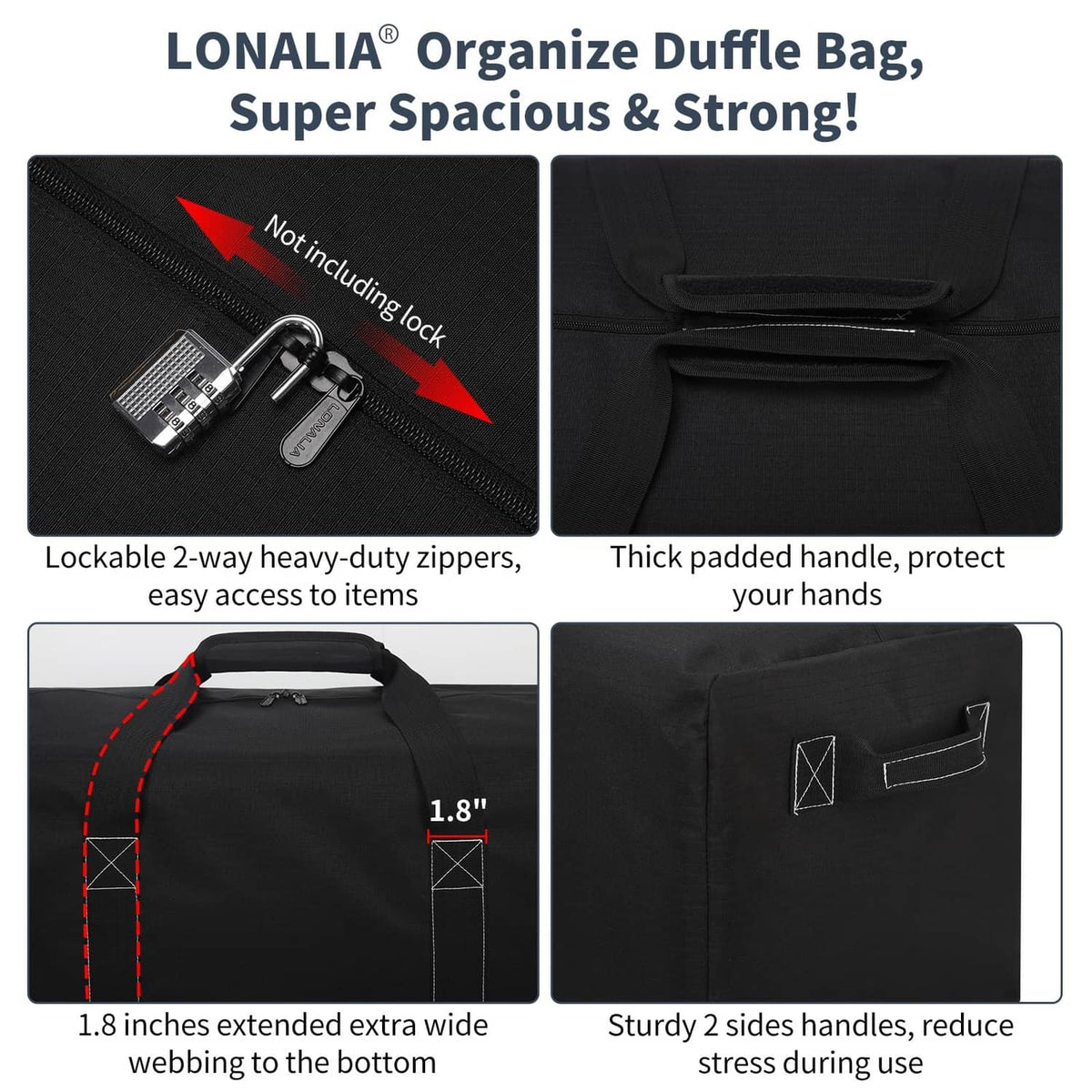 Black duffel bag with heavy-duty zipper track, padded handle, and reinforced seams.