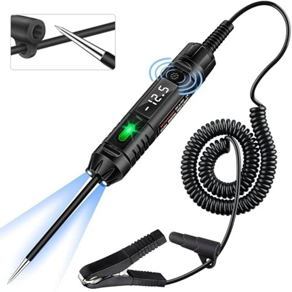 Black digital circuit tester with LED voltage readout, green light, dual probes, coiled cable