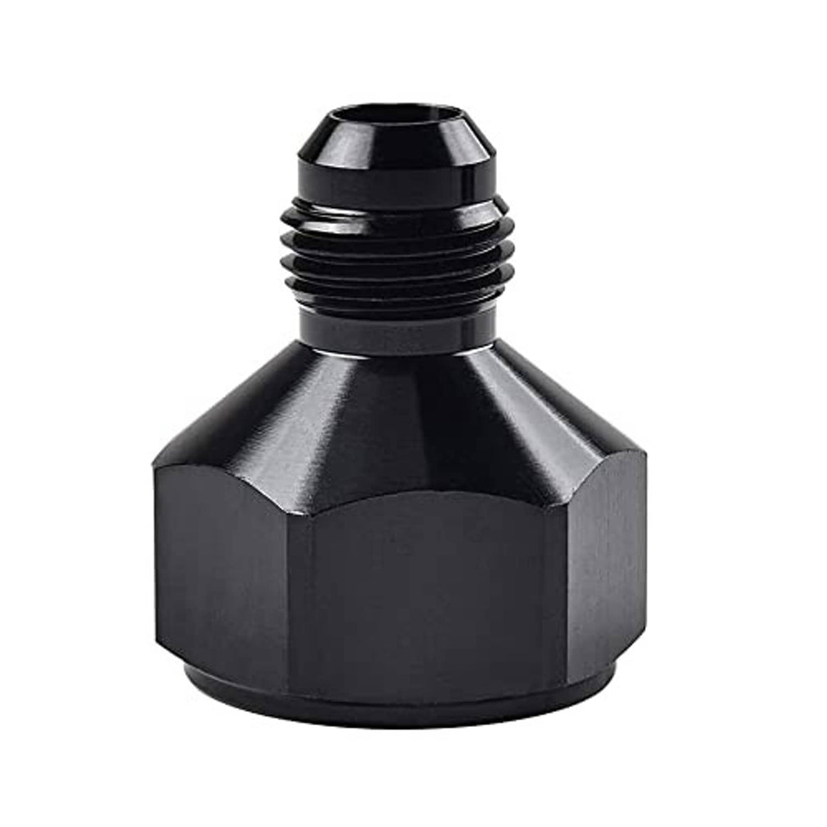 Black AN flare reducer adapter with hex body and ribbed thread section
