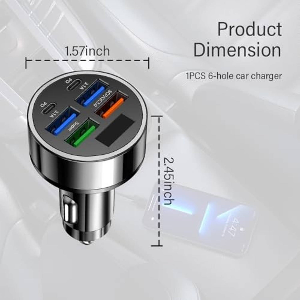 Multiport car charger with blue LED voltage screen on a metal black-and-silver plug