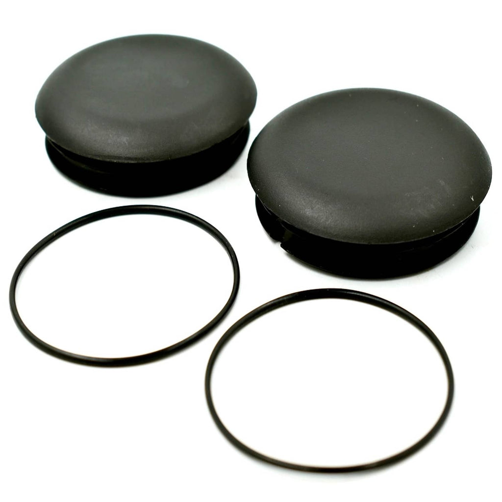Two dark gray caster fork plastic caps with black O-ring seals (2 pack)