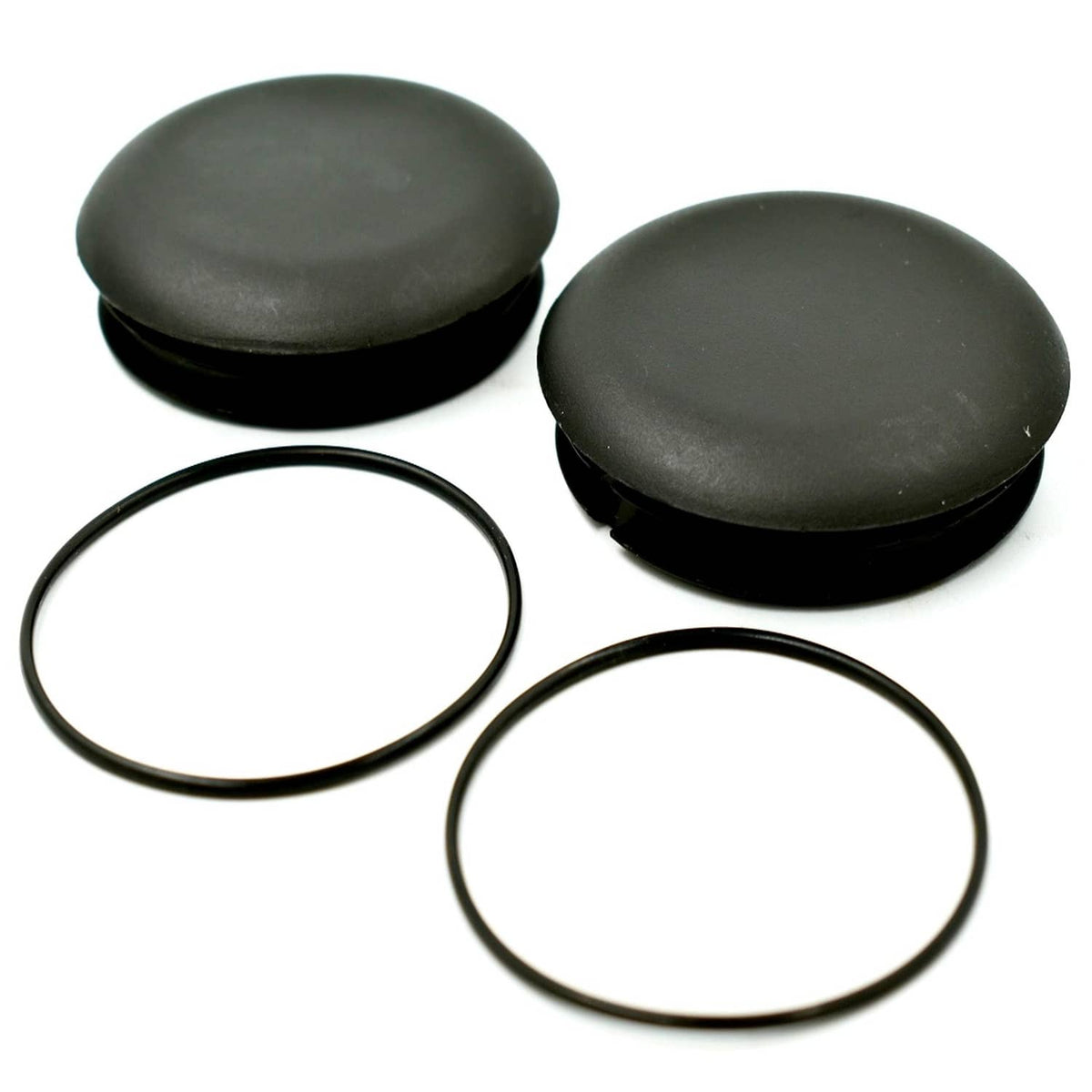 Two dark gray caster fork plastic caps with black O-ring seals (2 pack)