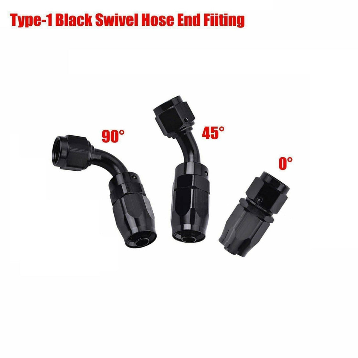 Set of black swivel hose end fittings in 90-degree, 45-degree, and straight angles