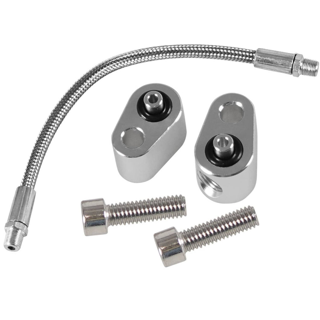 Braided coolant bypass hose kit with metal fittings and mounting blocks