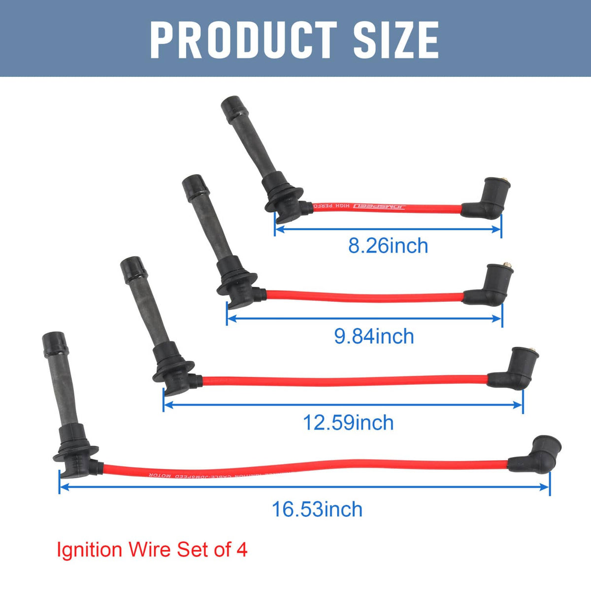 Ignition wire set with red leads and black boots; includes size measurements
