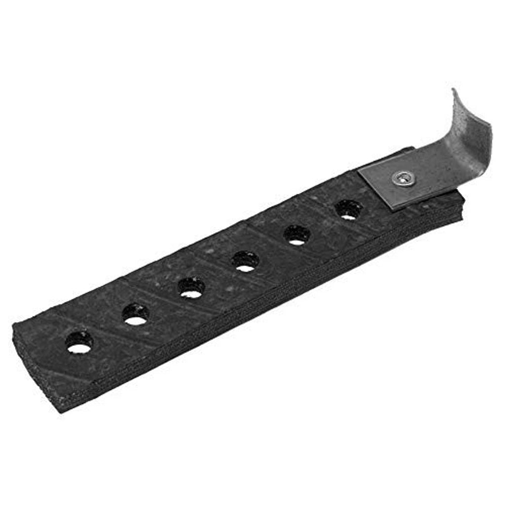 Exhaust system hanger strap with slotted end bracket and mounting bolt holes, dark metal