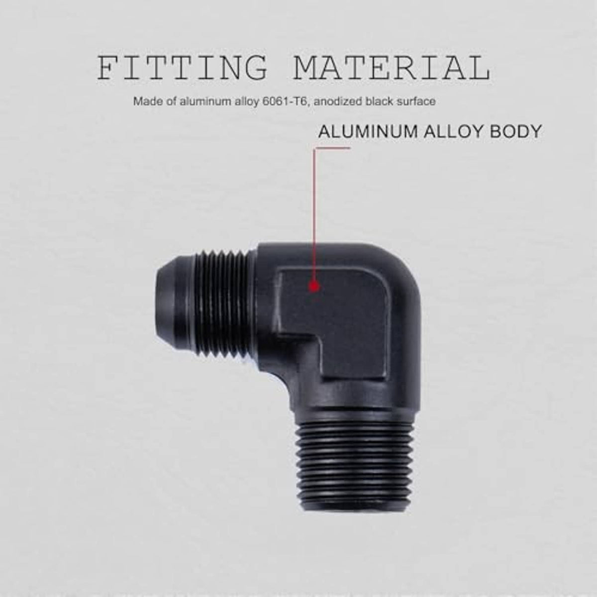 Black 90-degree elbow male fitting connector with external threads on both ends