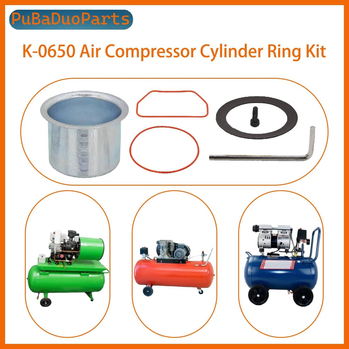Air compressor cylinder ring kit set with metal sleeve, black seal rings, orange gaskets, tool
