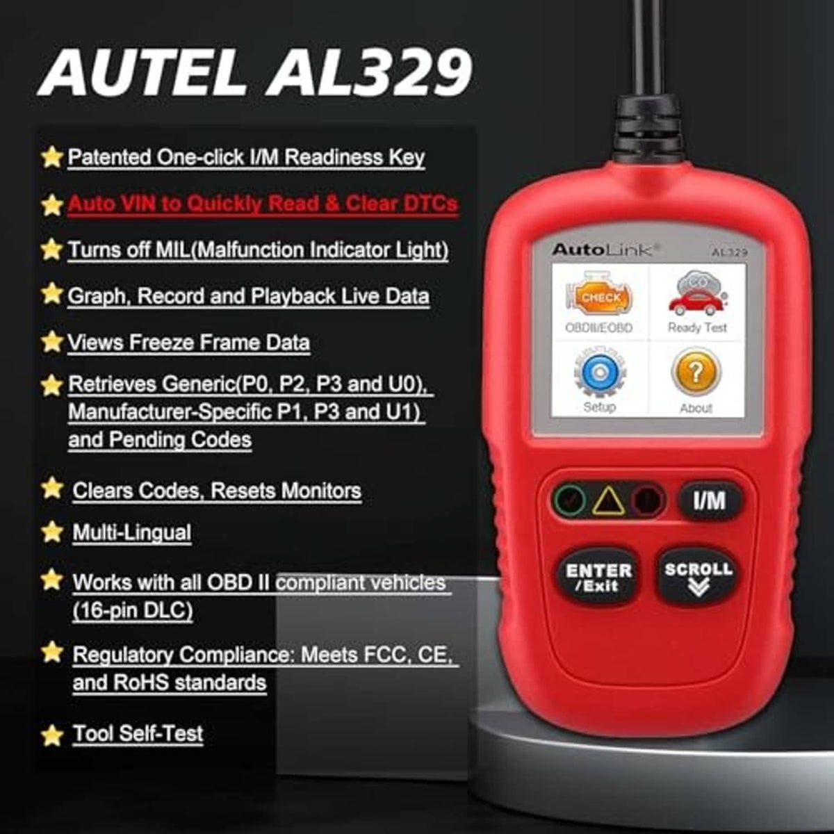 Red AutoLink AL329 handheld OBD2 scanner with display and control buttons.