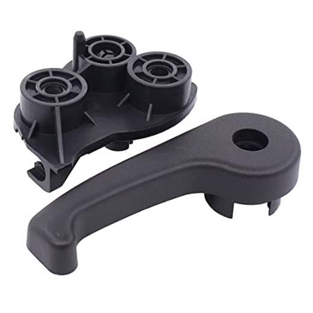 Hood latch release handle and mounting base, black plastic with circular rollers