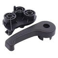 Hood latch release handle and mounting base, black plastic with circular rollers