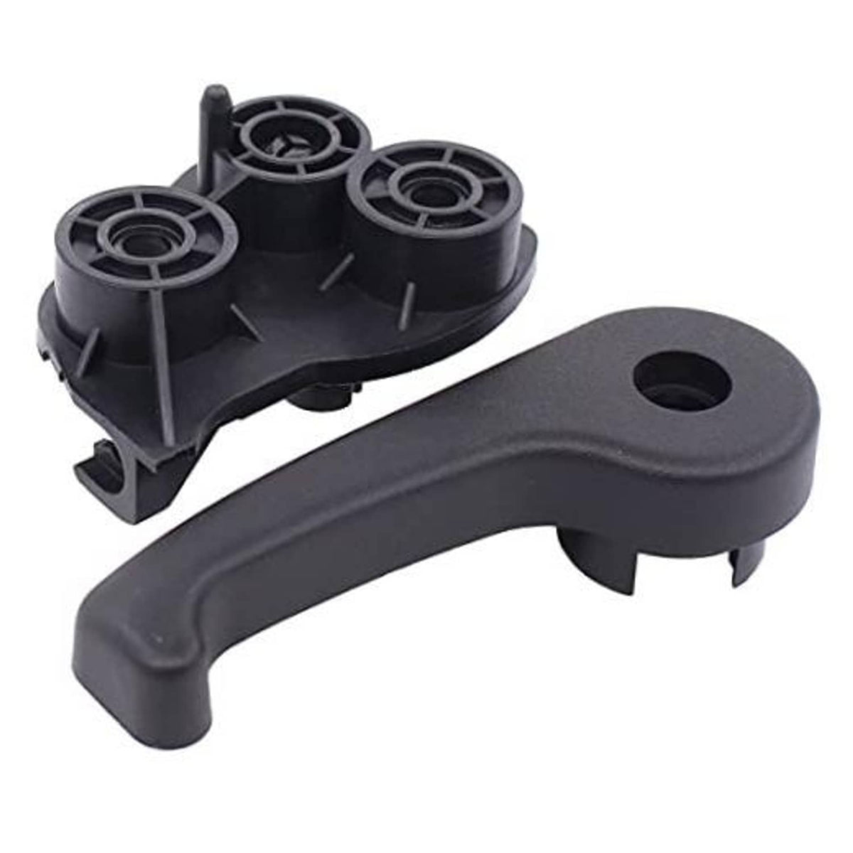Hood latch release handle and mounting base, black plastic with circular rollers