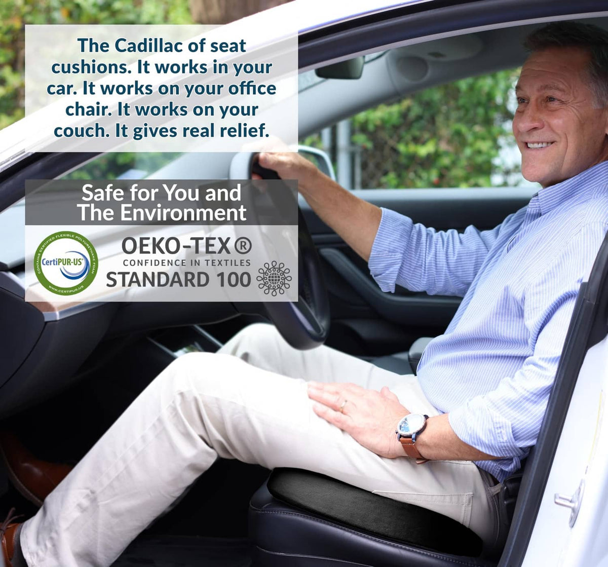 Black seat cushion with dark contoured shape placed on a car seat