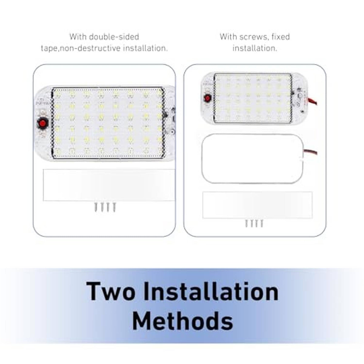 Diagram of dome LED light installation methods: double-sided tape or screws