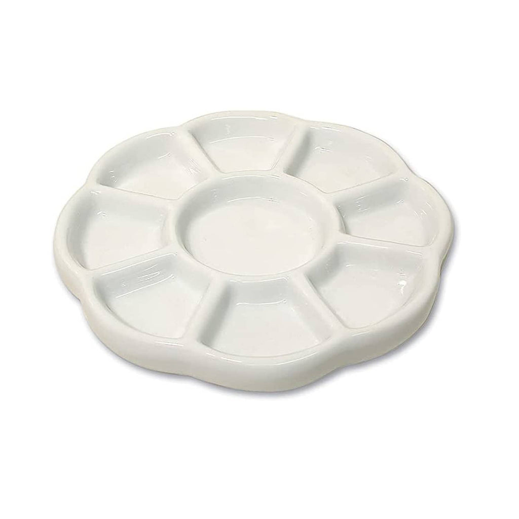 White porcelain 9-well watercolor paint palette with central mixing basin