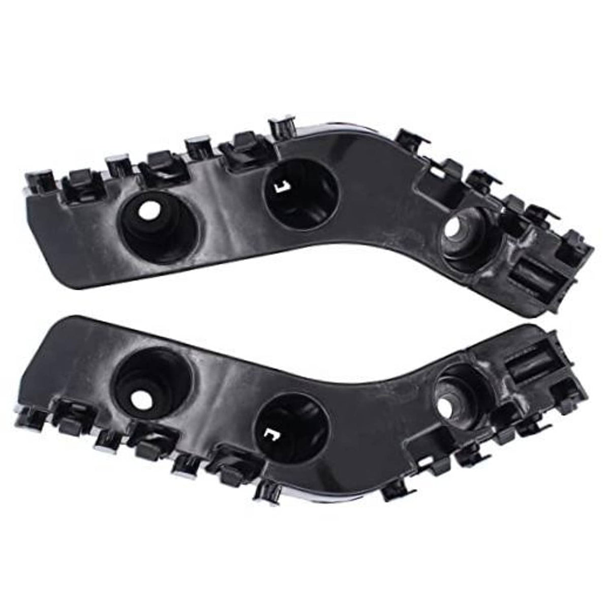 Set of two front bumper bracket retainer mounts, black plastic, with mounting clips