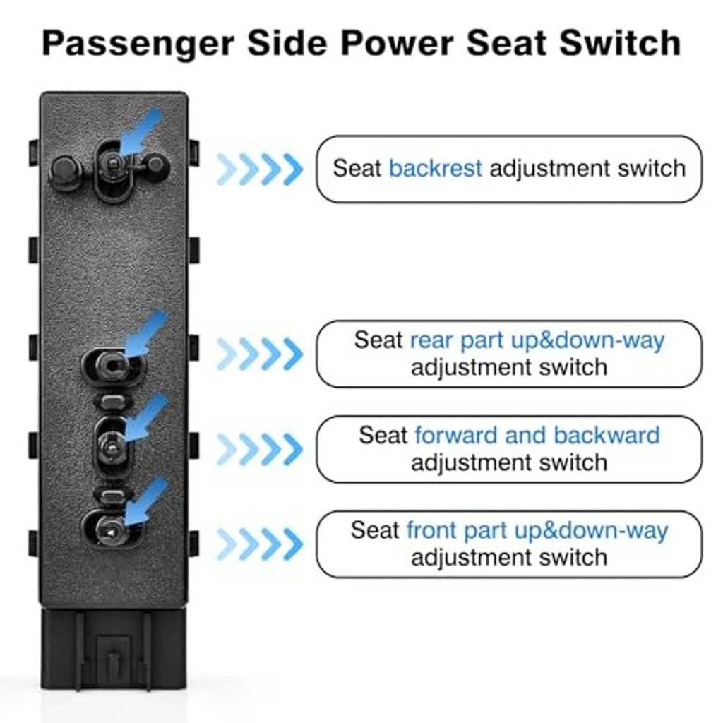 Passenger side power seat switch module with four control buttons, dark gray connector base