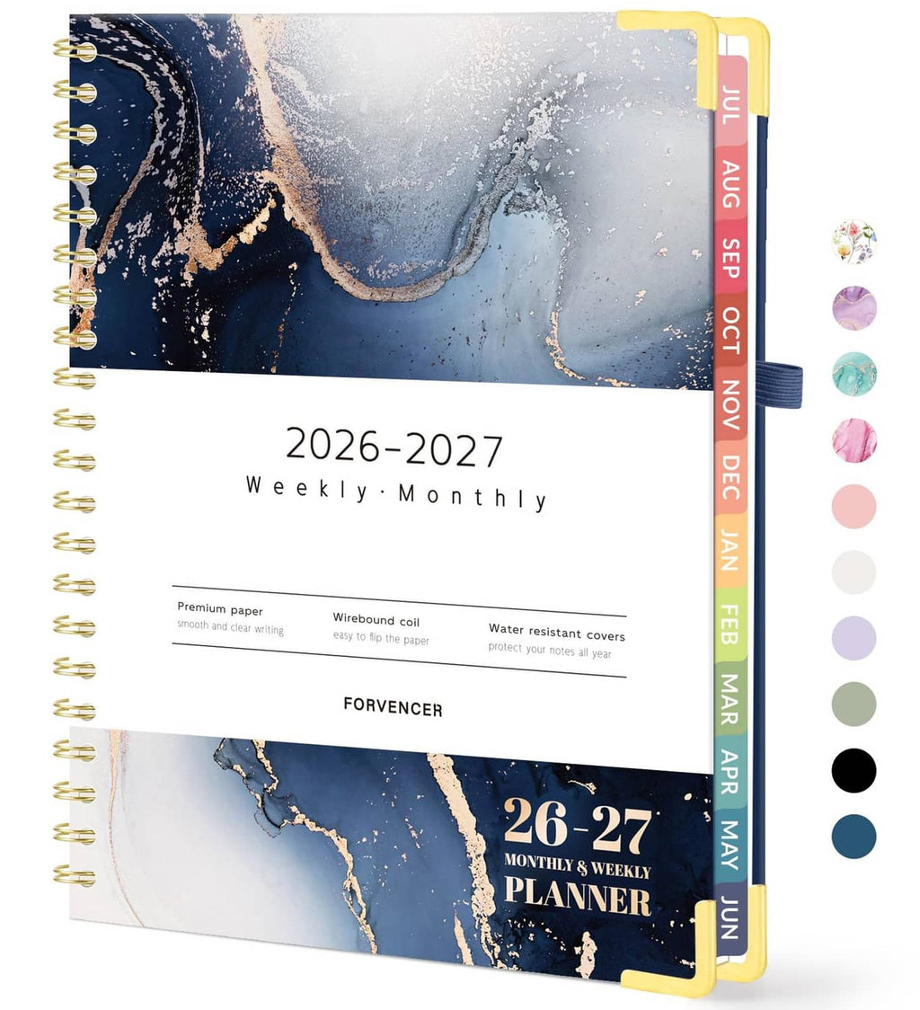 Navy marble academic planner, 8.5x11 spiral-bound weekly-monthly, 2026–2027