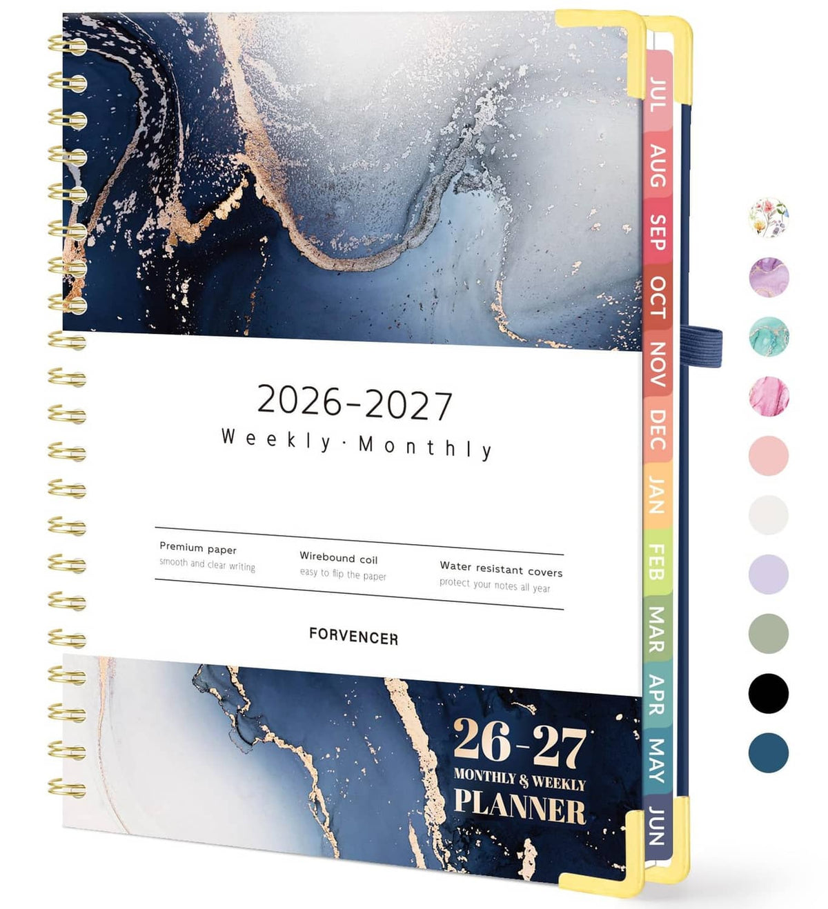 Navy marble academic planner, 8.5x11 spiral-bound weekly-monthly, 2026–2027
