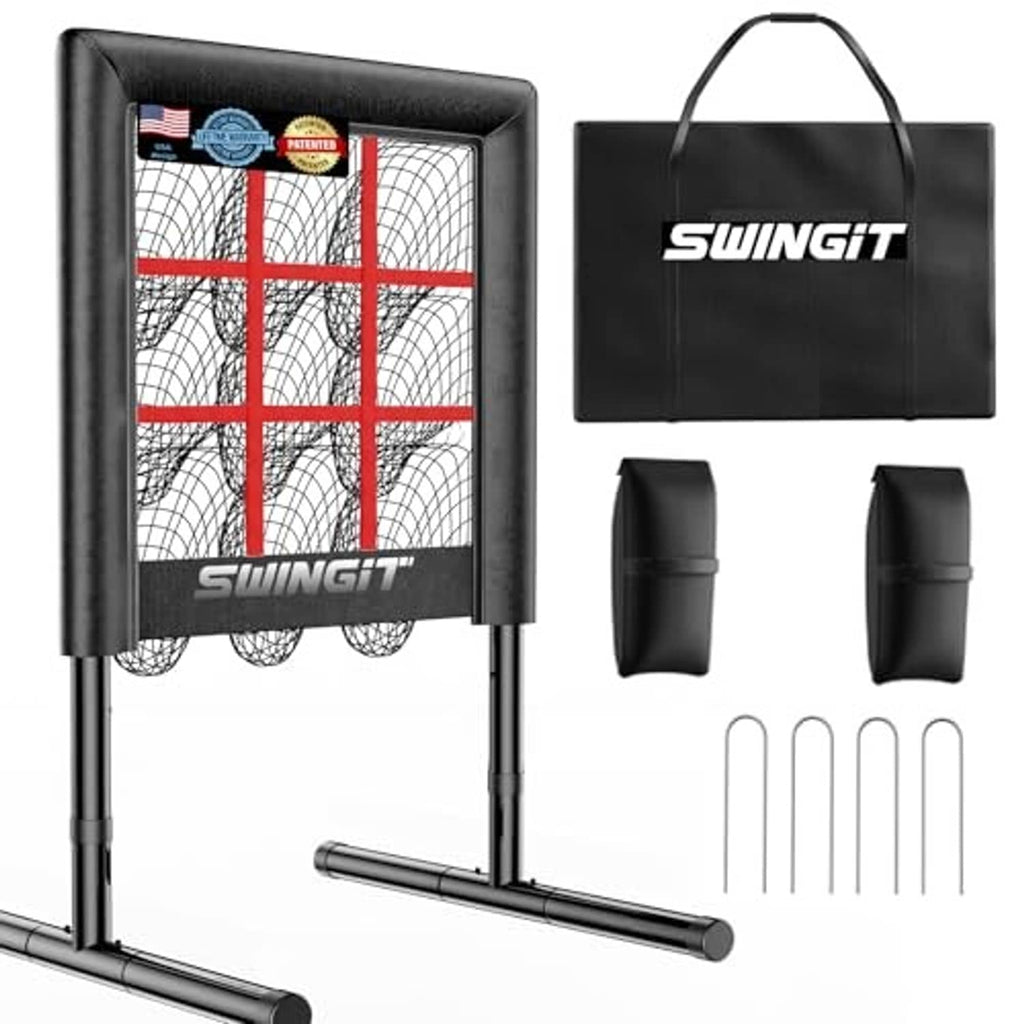 Black pitching net target with red strike-zone grid, plus storage bag and training pads