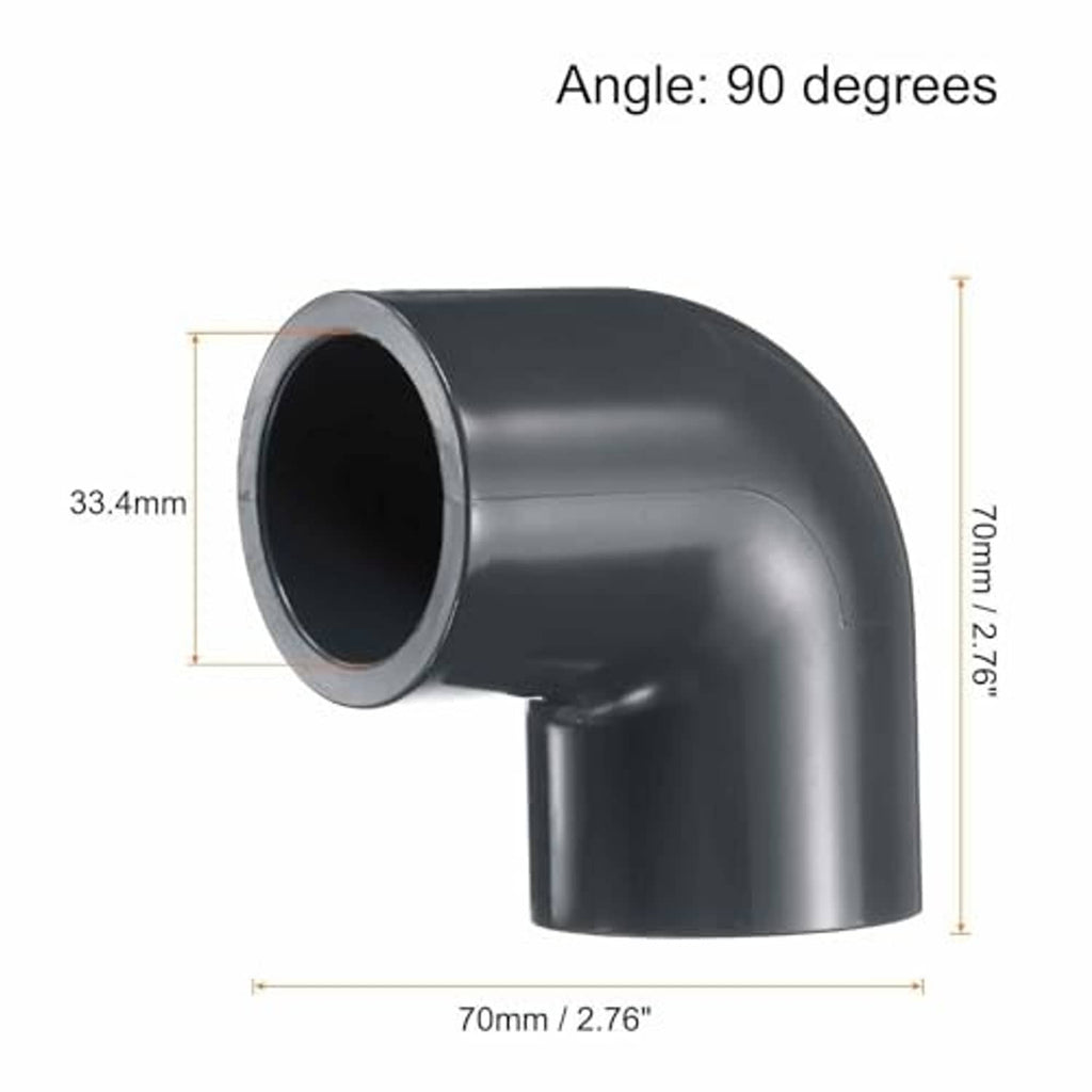 Dark gray 90-degree PVC elbow corner fitting, 1-inch, with size measurements shown