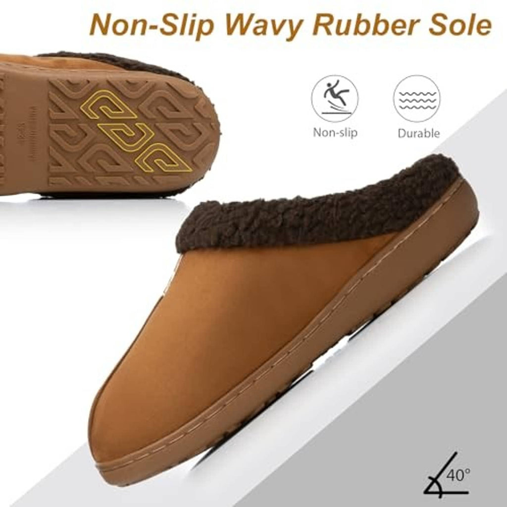 Brown suede slipper with textured non-slip rubber sole and dark plush upper