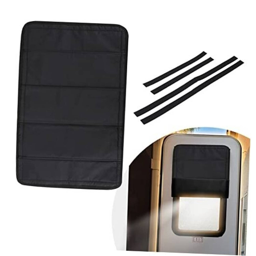 Foldable black RV door window shade cover with two black fastening strips