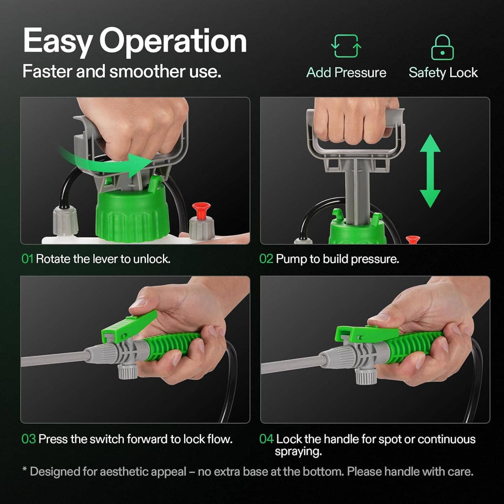 Pump sprayer operated by hand with lever for pressure build and safety lock