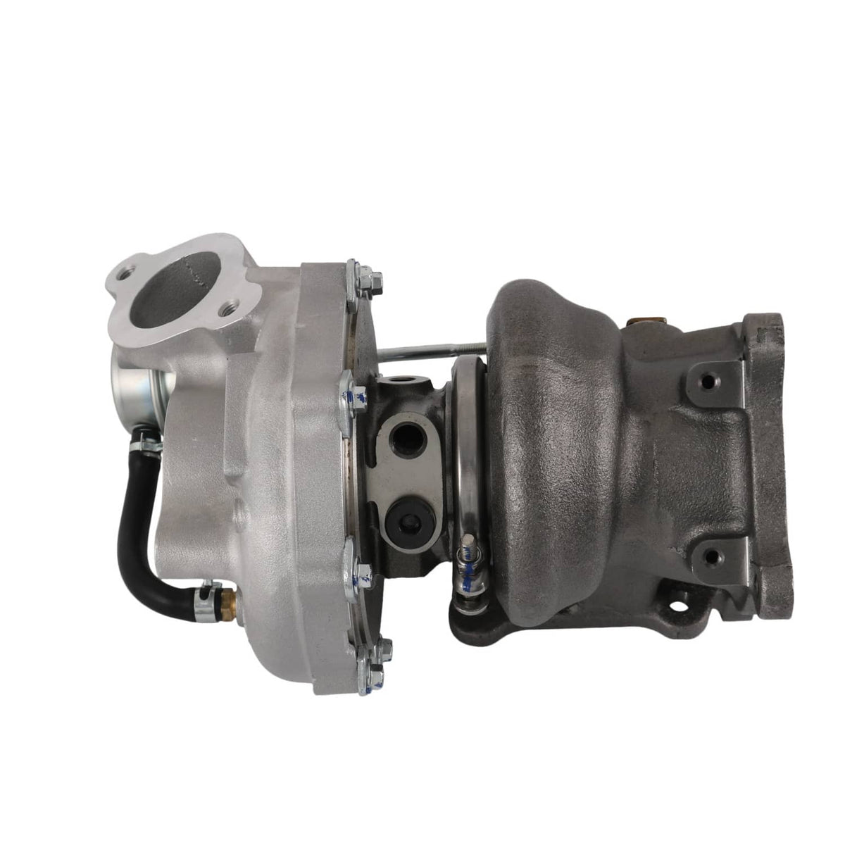Turbocharger assembly with metal housing, gasket, and oil return line