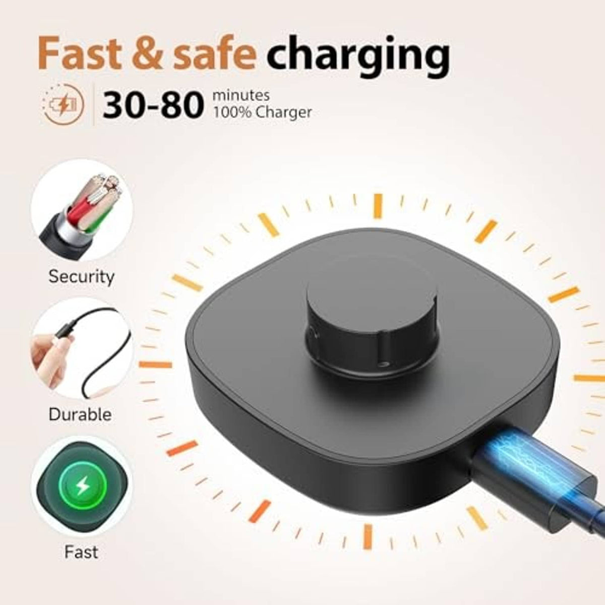 Black smart ring charging dock with cradle and USB cable with blue charging glow