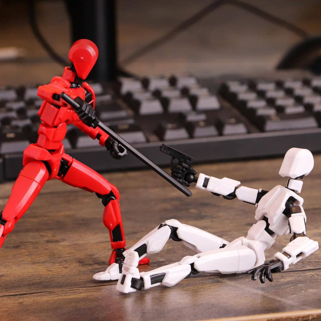 Red and white articulated robot action figures in a pose with black weapons