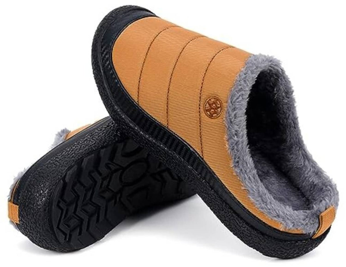 Orange slip-on slipper with gray lining and black treaded sole, side view
