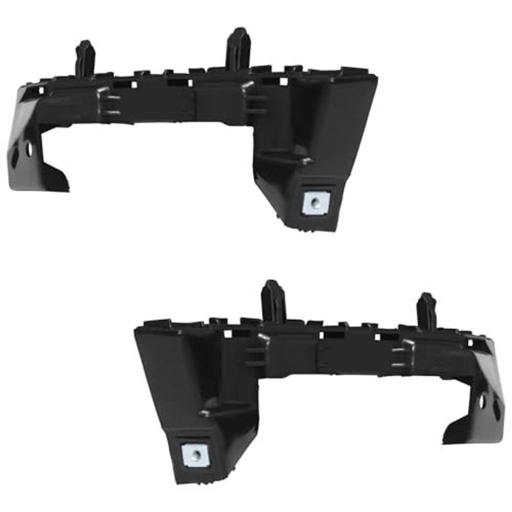 Black plastic front bumper cover support retainer bracket pair with metal mounting plates