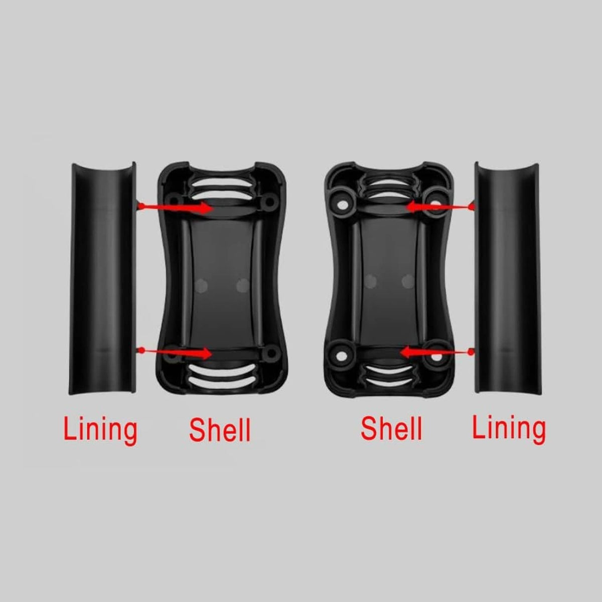 Black bumper block shell and lining diagram with neon reflective insert