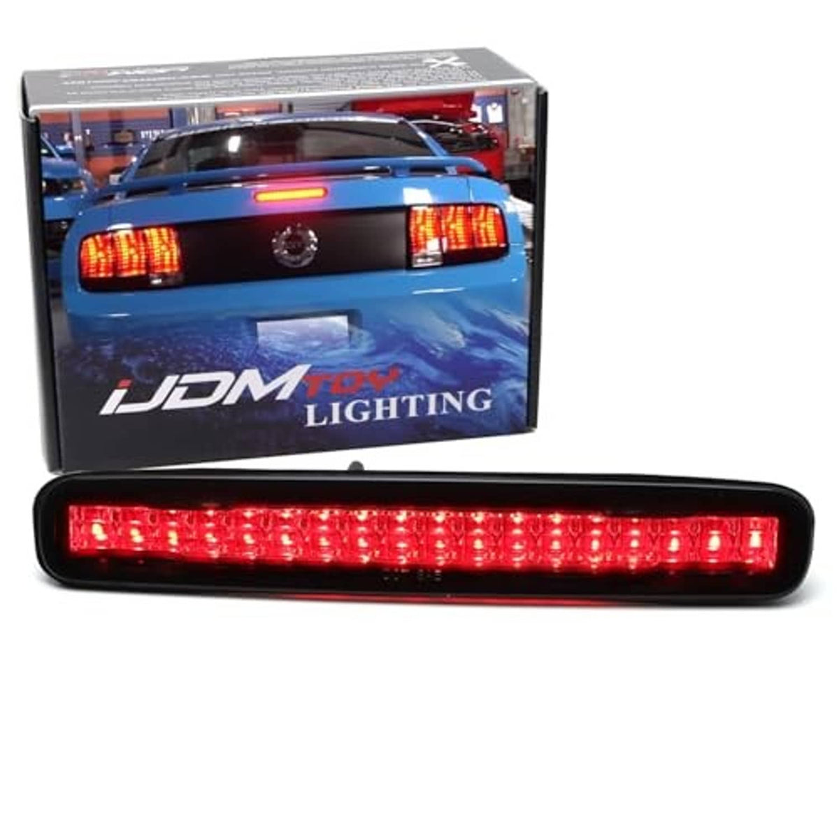 Smoked lens LED third brake light bar, fully illuminated red across the length
